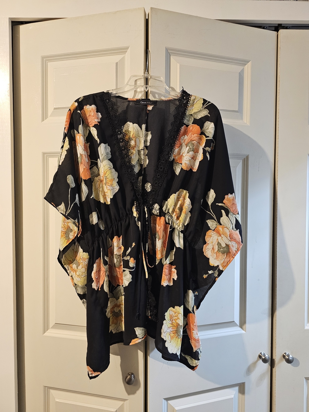 Floral Lace-Trim Black Kimono Tunic with Drawstring Waist